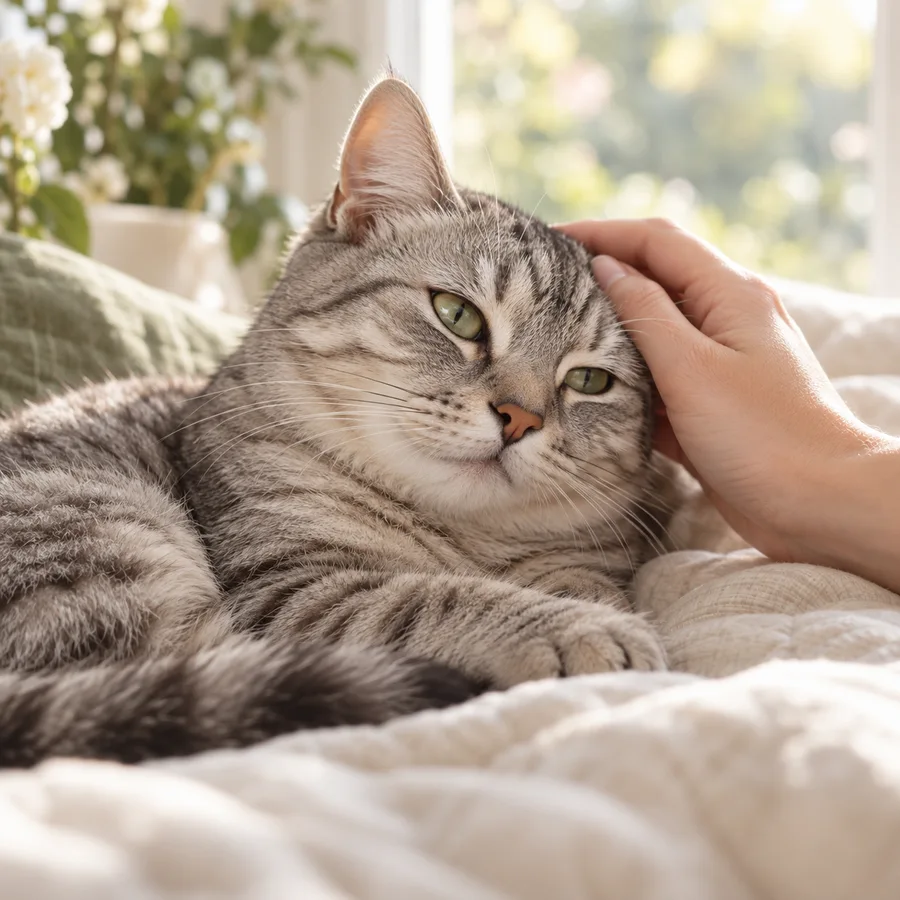 A relaxed tabby cat enjoying a gentle stroke at home